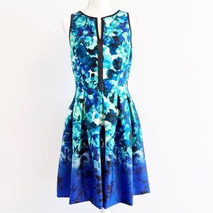 Vince Camuto Fit and Flare Floral Print Notch Neckline Party Dress, 8